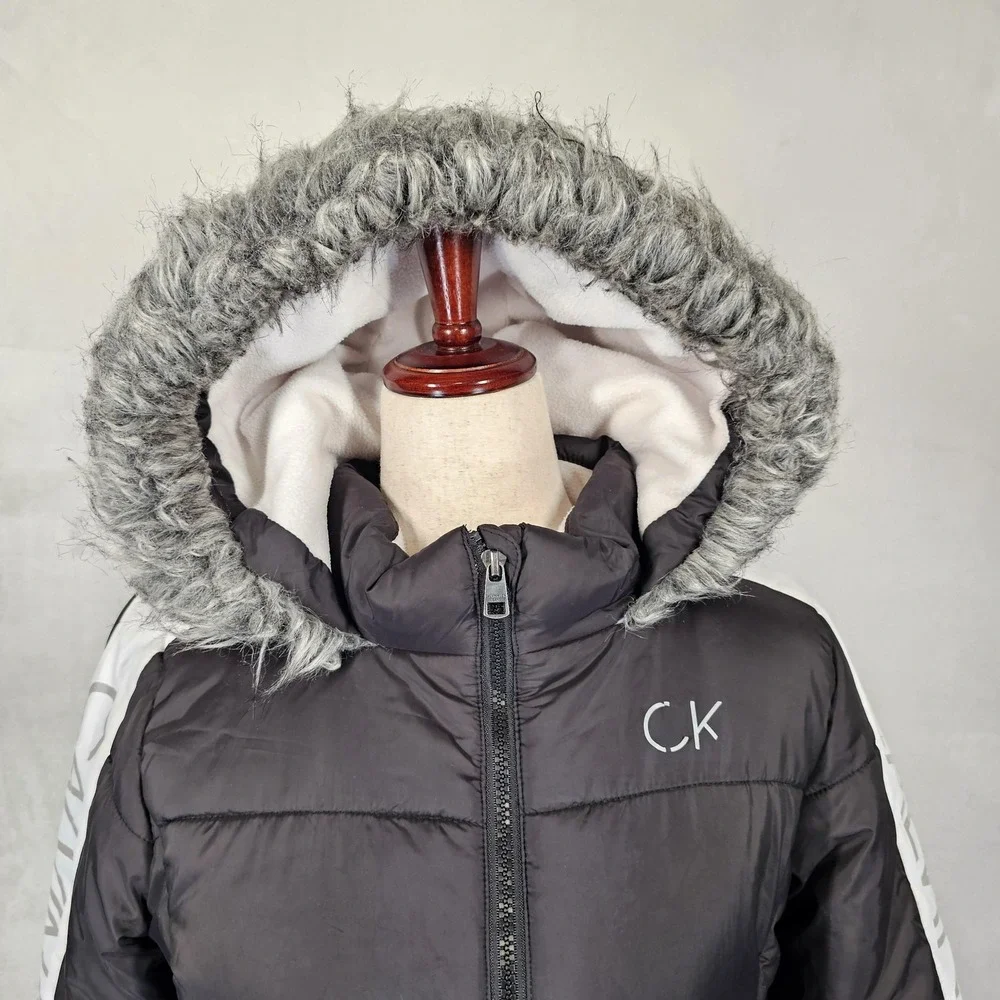 Calvin Klein Jeans Puffer Jacket Girls 12/14 Black‎ Faux Fur Hood Fleece Lined